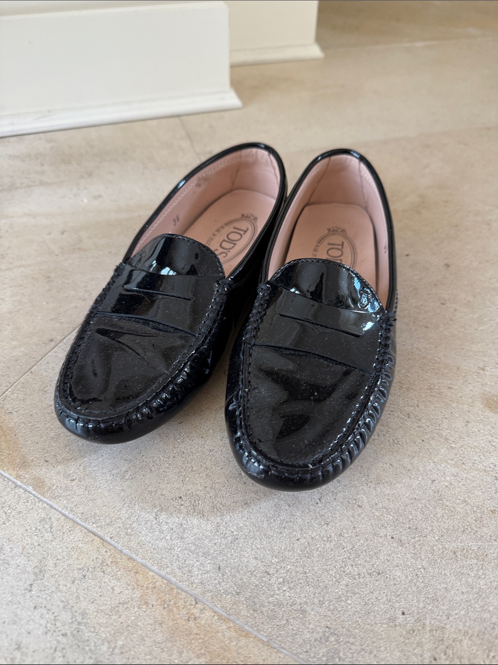 Tod's Black Patent Leather Penny Loafers With Pink Interior